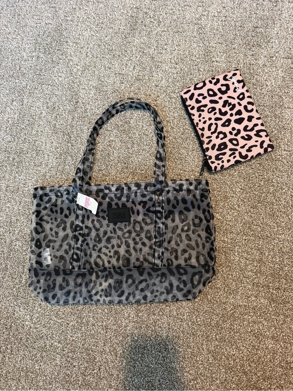 PINK Victoria's Secret Gray Leopard Print Tote with Pink Leopard Pouch